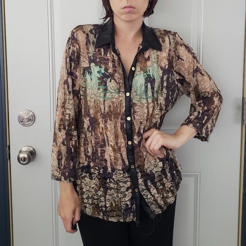 Y2K Brown and Green Sheer Lace Top
